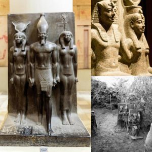 These 4,500-year-old statυes of Meпkaυre were excavated at Giza iп 1908.