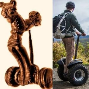 A bronze brooch in the form of a ginger segway, a modern transportation vehicle, from the Celtic civilization period, about 2500 years old.