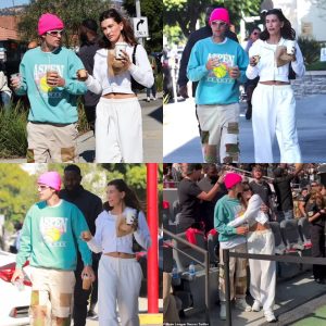 Hailey Bieber flashes midriff in cozy zip-up during coffee run with husband Justin before heading to MLS Cup match in LA