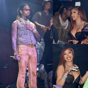 Cardi B pours her curves into a busty fishnet bodystocking and shows off her VERY long nails as she supports husband Offset at his cash-flashing performance in Miami super club