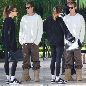 Justin Bieber sports new Yeezy boots for brunch with supermodel wife Hailey at the Hotel Bel-Air