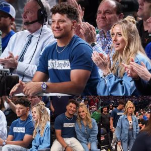 Brittany Mahomes pairs a $1,850 crystal crop top with denim tracksuit for basketball date with husband Patrick