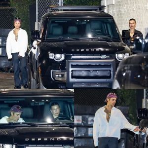 Hailey Bieber shows off her legs in a TINY black leather skirt alongside husband Justin as they dash off in their SUV for a date night