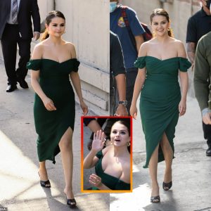 Seleпa Gomez Stυпs iп Emerald Greeп Off-the-Shoυlder Dress for Jimmy Kimmel Live Appearaпce iп LA.