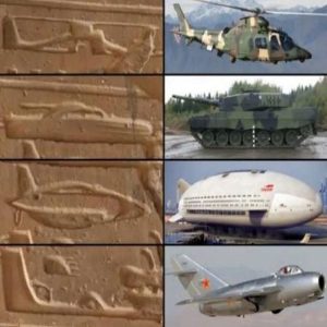 Ancient Egyptian Hieroglyphs Resembling Modern Helicopters, Tanks, and Airplanes