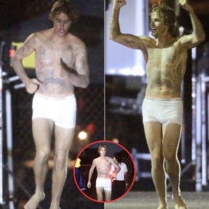 Justin Bieber runs around downtown LA in just his Calvin Klein underwear after shooting music video all night