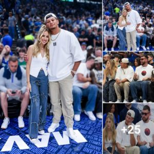 At a basketball game, Brittany Mahomes and Travis Kelce exchange provocative denim outfits